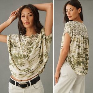 Anthropologie Pilcro Ruched Henley Tee XL green print top boho relaxed oversized
